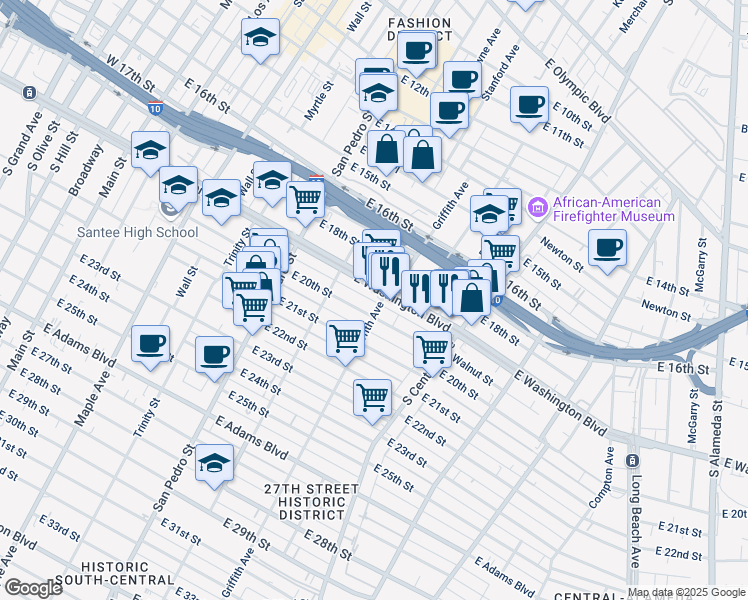 map of restaurants, bars, coffee shops, grocery stores, and more near 846 East Washington Boulevard in Los Angeles