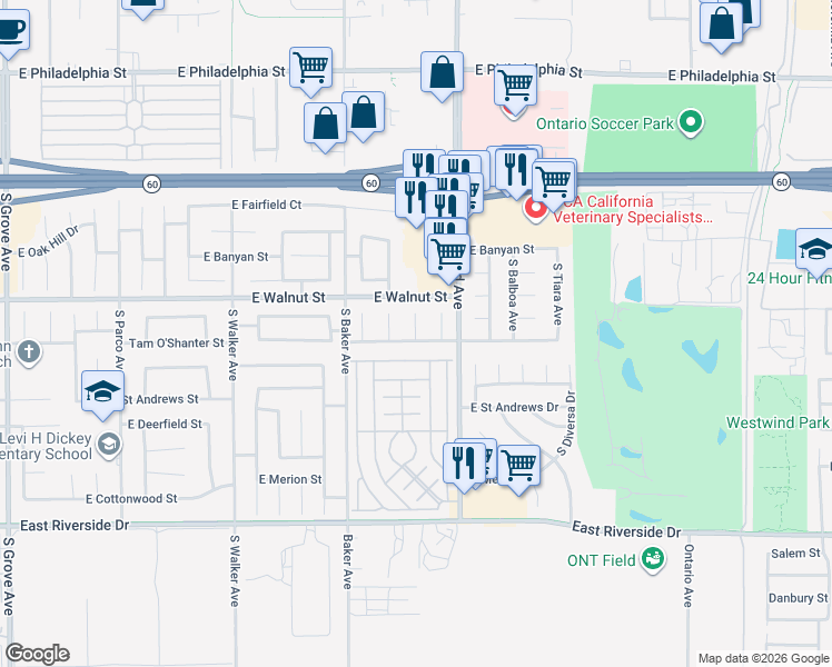 map of restaurants, bars, coffee shops, grocery stores, and more near 2626 South San Diego Avenue in Ontario