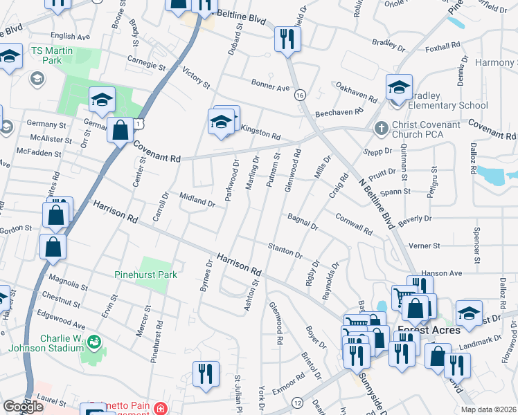 map of restaurants, bars, coffee shops, grocery stores, and more near 2615 Putnam Street in Columbia