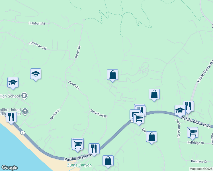 map of restaurants, bars, coffee shops, grocery stores, and more near 6009 Bonsall Drive in Malibu