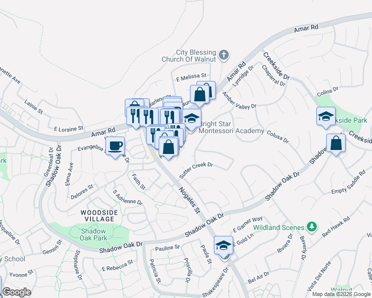 map of restaurants, bars, coffee shops, grocery stores, and more near 786 Francesca Drive in Walnut