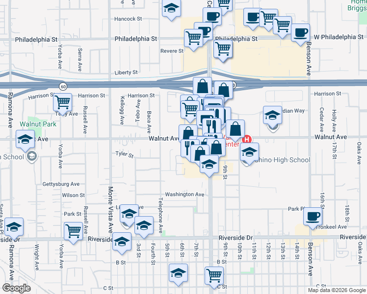 map of restaurants, bars, coffee shops, grocery stores, and more near 5550 Walnut Avenue in Chino