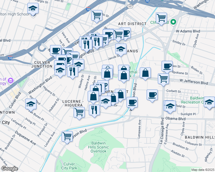 map of restaurants, bars, coffee shops, grocery stores, and more near 3532 Hayden Avenue in Culver City
