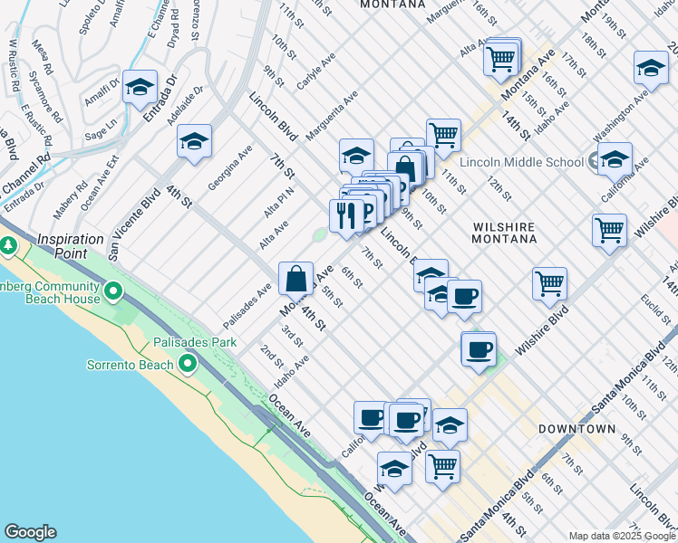 map of restaurants, bars, coffee shops, grocery stores, and more near 808 6th Street in Santa Monica