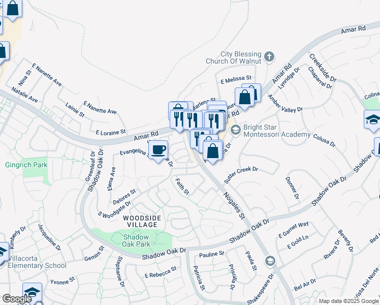 map of restaurants, bars, coffee shops, grocery stores, and more near 2734 Calle Ruiz in West Covina