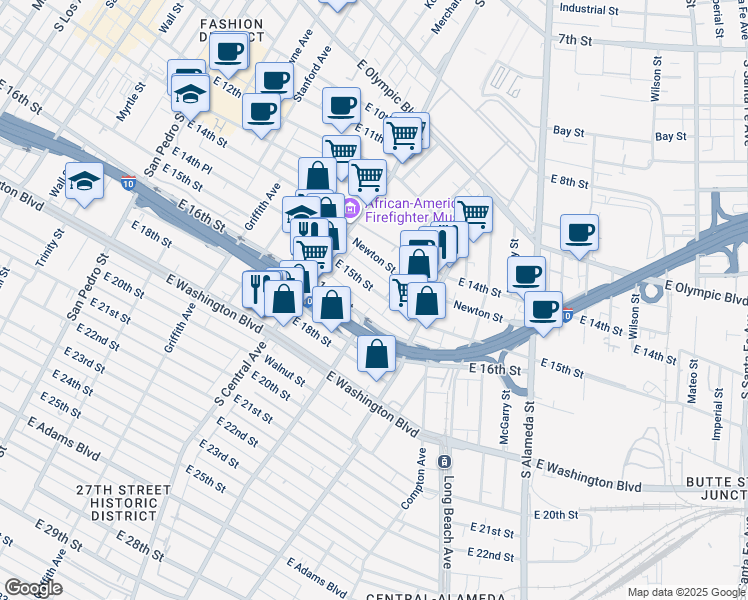 map of restaurants, bars, coffee shops, grocery stores, and more near 1358 East 15th Street in Los Angeles