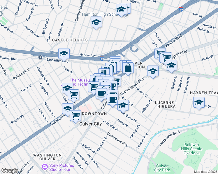 map of restaurants, bars, coffee shops, grocery stores, and more near 3816 South Canfield Avenue in Culver City