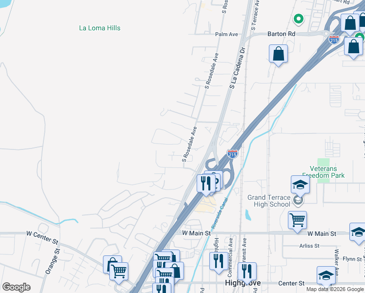 map of restaurants, bars, coffee shops, grocery stores, and more near 224 Coyote Drive in Colton