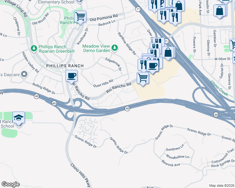 map of restaurants, bars, coffee shops, grocery stores, and more near 87 Carriage Way in Pomona