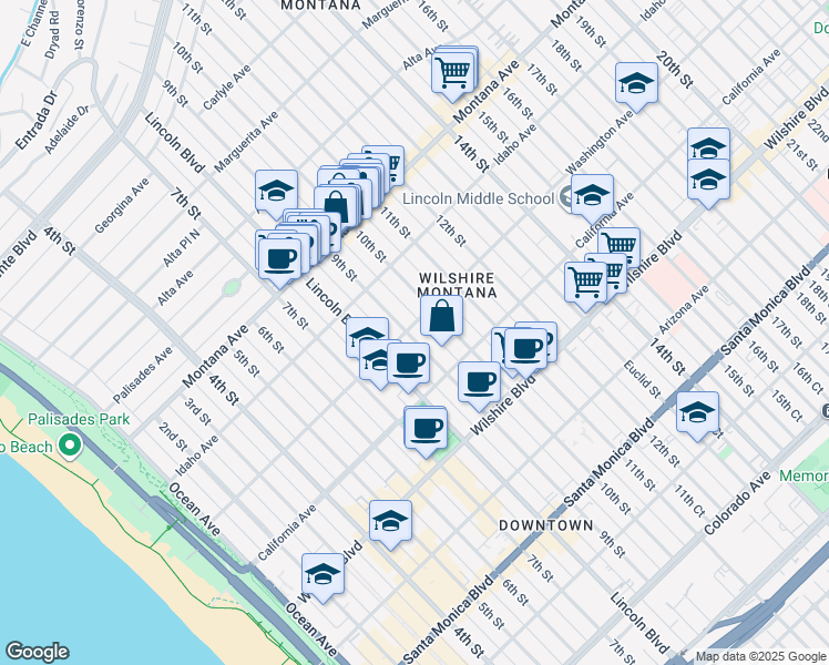 map of restaurants, bars, coffee shops, grocery stores, and more near 1009 9th Street in Santa Monica