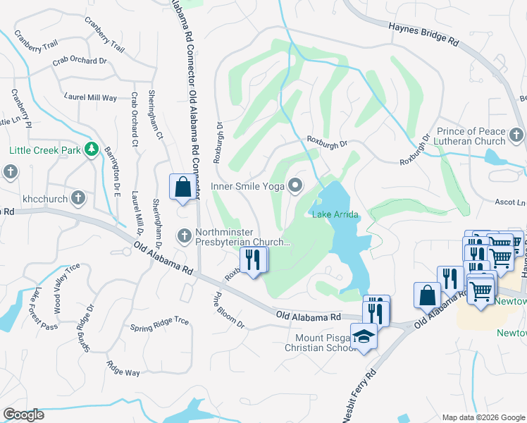 map of restaurants, bars, coffee shops, grocery stores, and more near 2310 Roxburgh Drive in Roswell