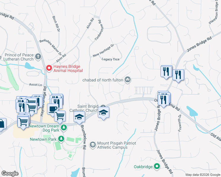 map of restaurants, bars, coffee shops, grocery stores, and more near 510 Weatherend Court in Alpharetta