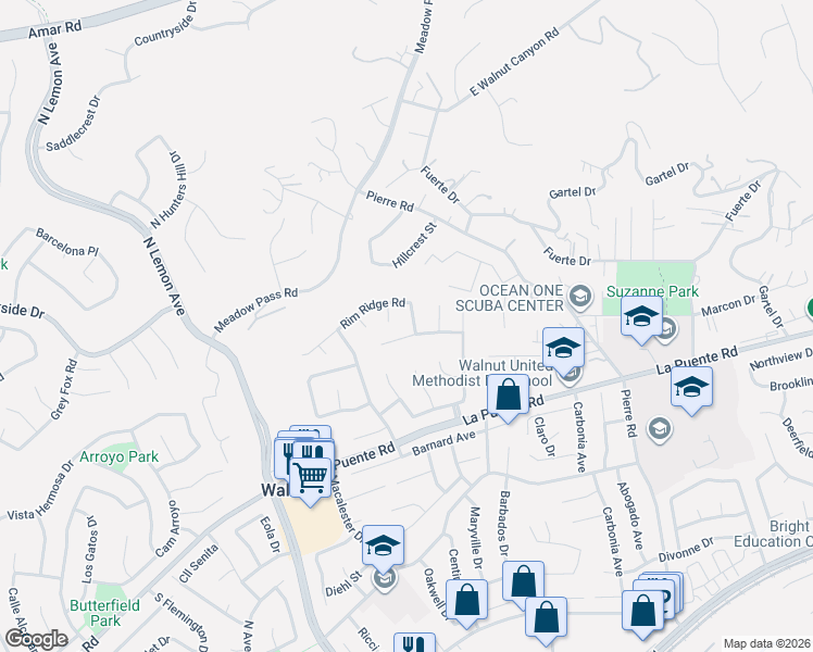map of restaurants, bars, coffee shops, grocery stores, and more near 718 Deer Skin Lane in Walnut