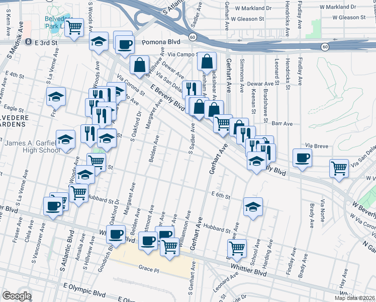 map of restaurants, bars, coffee shops, grocery stores, and more near 5617 Eagle Street in East Los Angeles