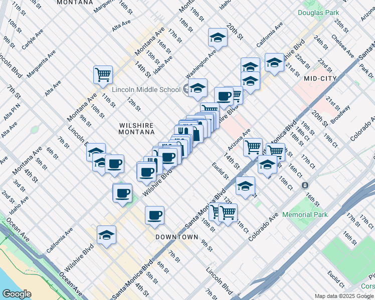 map of restaurants, bars, coffee shops, grocery stores, and more near in Santa Monica