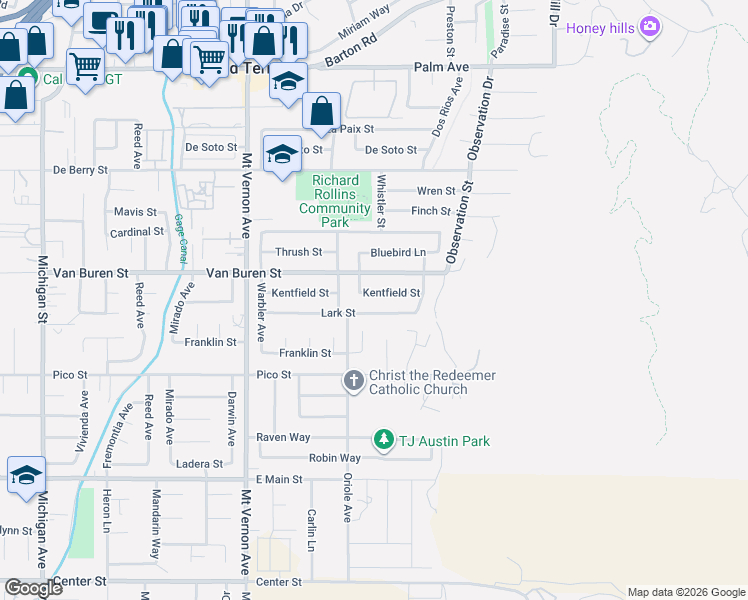map of restaurants, bars, coffee shops, grocery stores, and more near 22770 Kentfield Street in Grand Terrace