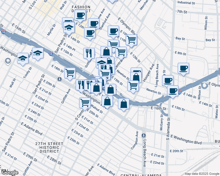 map of restaurants, bars, coffee shops, grocery stores, and more near 1322 E 16th St in Los Angeles
