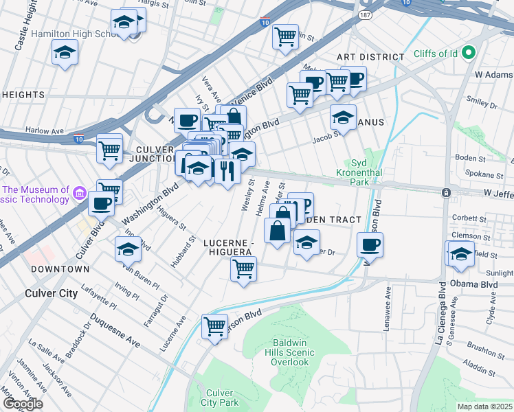 map of restaurants, bars, coffee shops, grocery stores, and more near 3557 Helms Avenue in Culver City