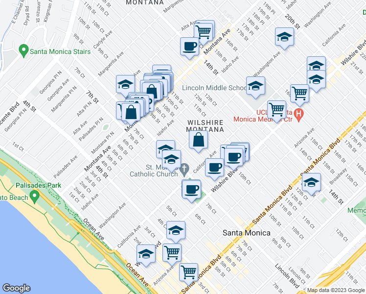 map of restaurants, bars, coffee shops, grocery stores, and more near 1000 9th Street in Santa Monica