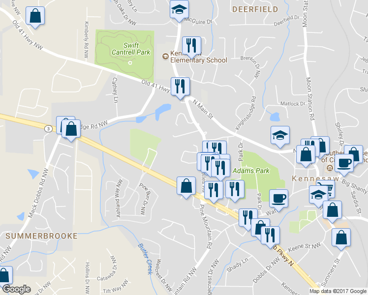map of restaurants, bars, coffee shops, grocery stores, and more near 2716 Saint Charles Lane Northwest in Kennesaw