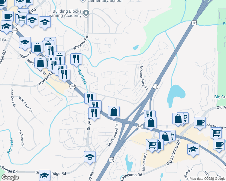 map of restaurants, bars, coffee shops, grocery stores, and more near 600 Old Holcomb Bridge Road in Roswell