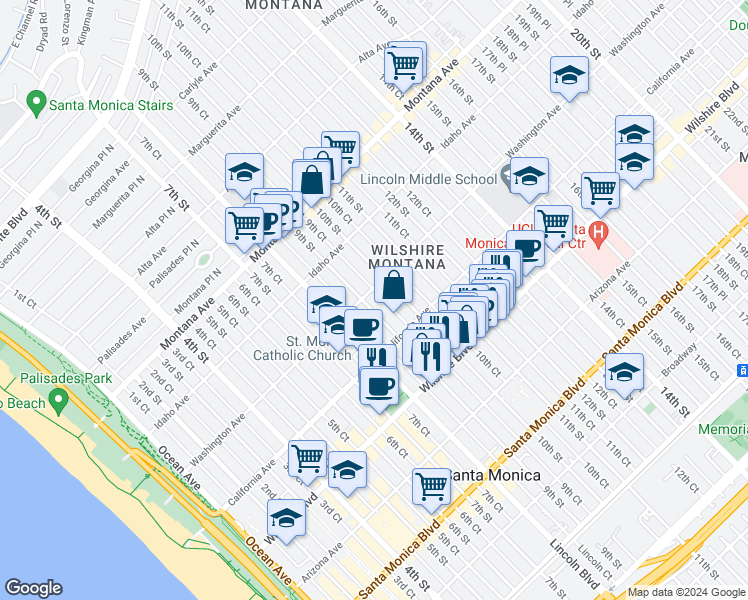 map of restaurants, bars, coffee shops, grocery stores, and more near 1009 9th Street in Santa Monica