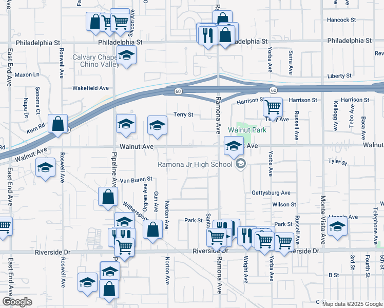 map of restaurants, bars, coffee shops, grocery stores, and more near 4389 Walnut Avenue in Chino