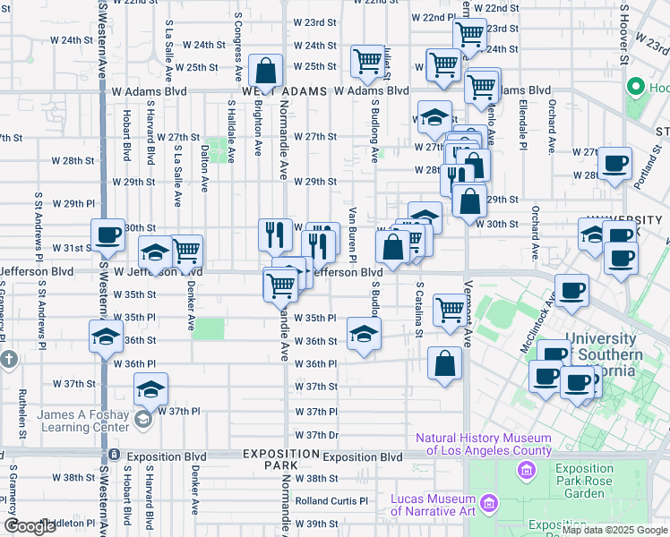 map of restaurants, bars, coffee shops, grocery stores, and more near 3117 Van Buren Place in Los Angeles