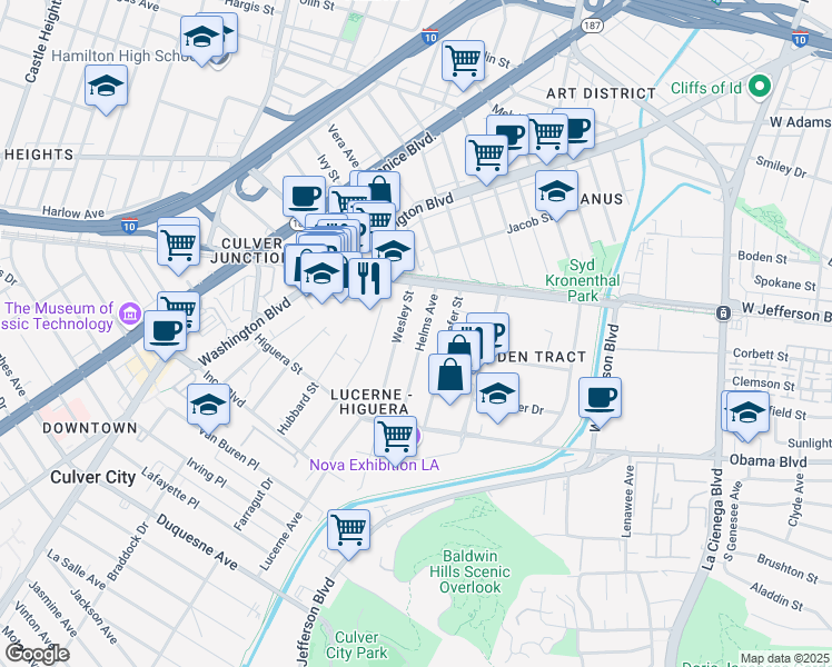 map of restaurants, bars, coffee shops, grocery stores, and more near 3557 Helms Avenue in Culver City