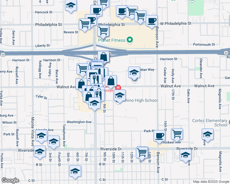 map of restaurants, bars, coffee shops, grocery stores, and more near 13200 9th Street in Chino