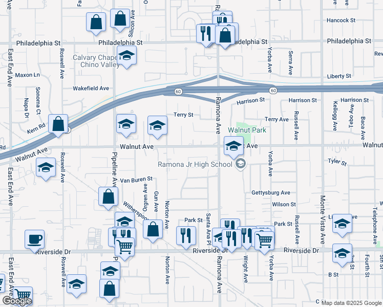 map of restaurants, bars, coffee shops, grocery stores, and more near 4389 Walnut Avenue in Chino