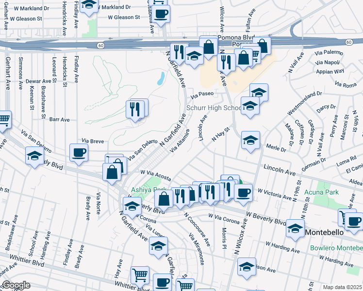 map of restaurants, bars, coffee shops, grocery stores, and more near 742 Via Altamira in Montebello