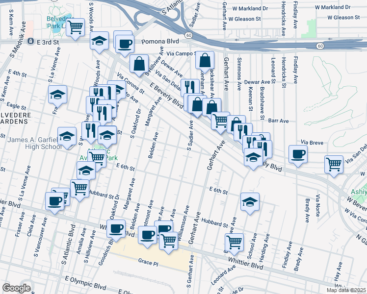 map of restaurants, bars, coffee shops, grocery stores, and more near 481 South Sadler Avenue in East Los Angeles