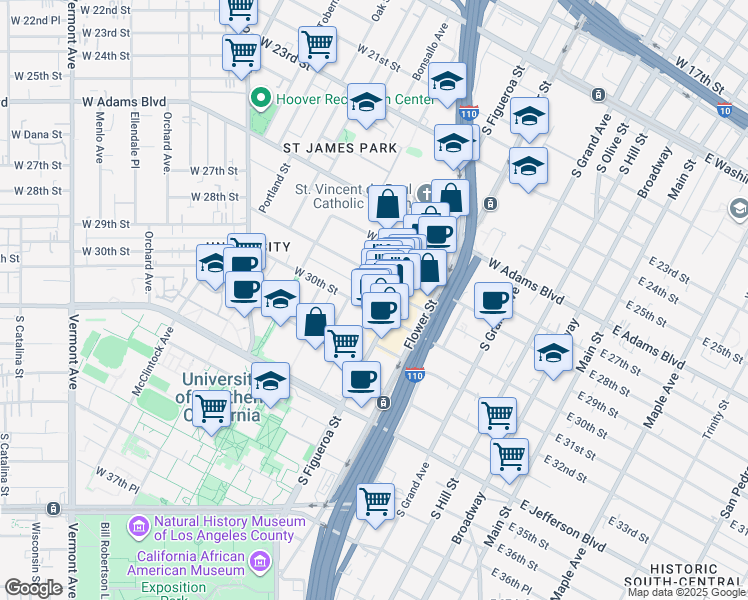 map of restaurants, bars, coffee shops, grocery stores, and more near 2811 South Figueroa Street in Los Angeles