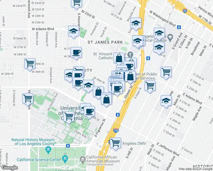 map of restaurants, bars, coffee shops, grocery stores, and more near 649-655 3/4 West 30th Street in Los Angeles