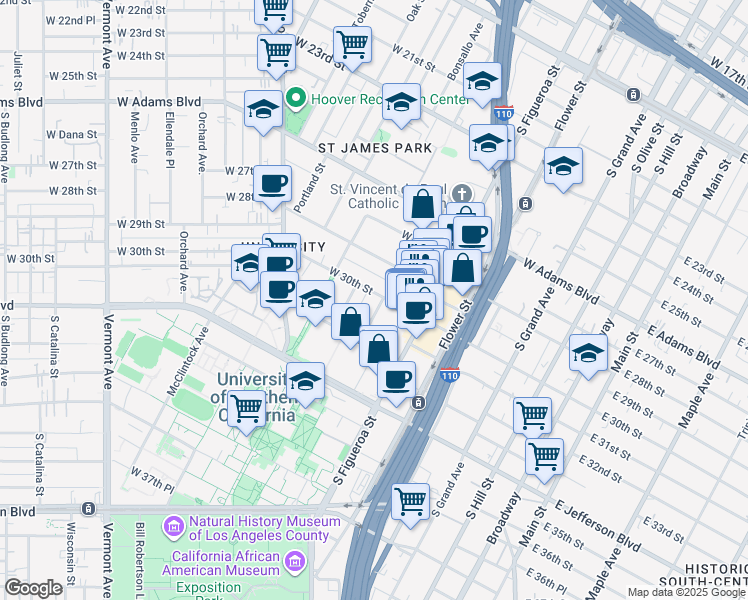 map of restaurants, bars, coffee shops, grocery stores, and more near 649-655 3/4 West 30th Street in Los Angeles