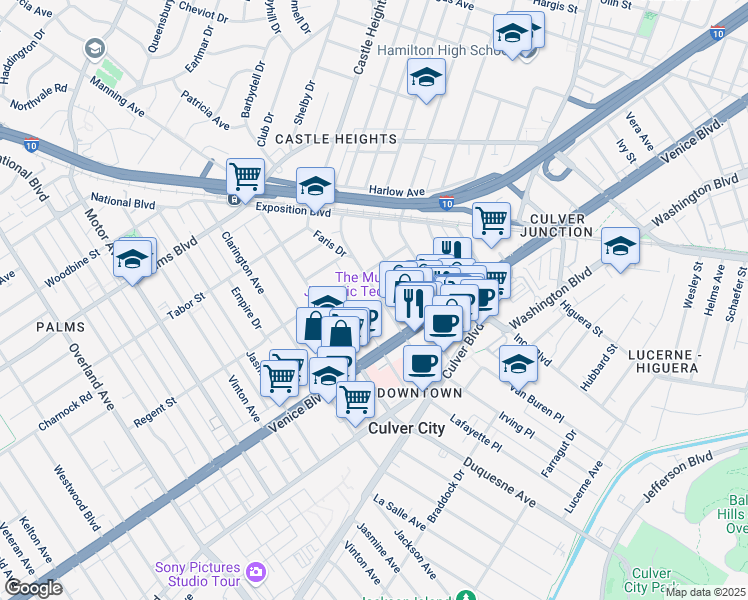 map of restaurants, bars, coffee shops, grocery stores, and more near 3730 Watseka Avenue in Los Angeles