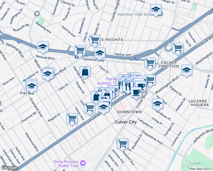 map of restaurants, bars, coffee shops, grocery stores, and more near 9732 Regent Street in Los Angeles