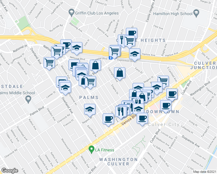 map of restaurants, bars, coffee shops, grocery stores, and more near in Los Angeles