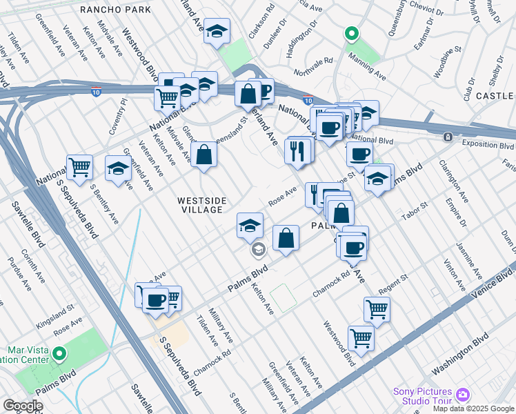 map of restaurants, bars, coffee shops, grocery stores, and more near 10777 Rose Avenue in Los Angeles