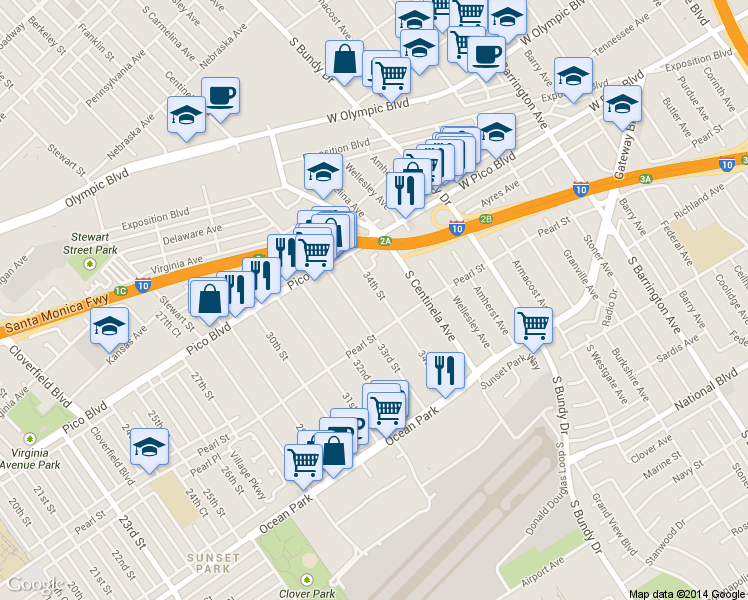 map of restaurants, bars, coffee shops, grocery stores, and more near 2410 34th Street in Santa Monica