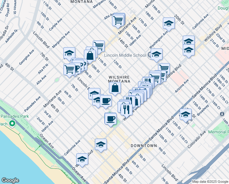 map of restaurants, bars, coffee shops, grocery stores, and more near 1018 10th Street in Santa Monica