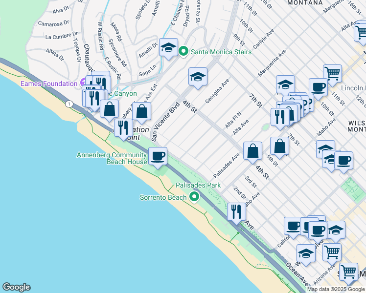 map of restaurants, bars, coffee shops, grocery stores, and more near 143 Marguerita Place North in Santa Monica