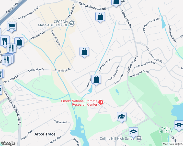 map of restaurants, bars, coffee shops, grocery stores, and more near 530 Paris Drive in Lawrenceville