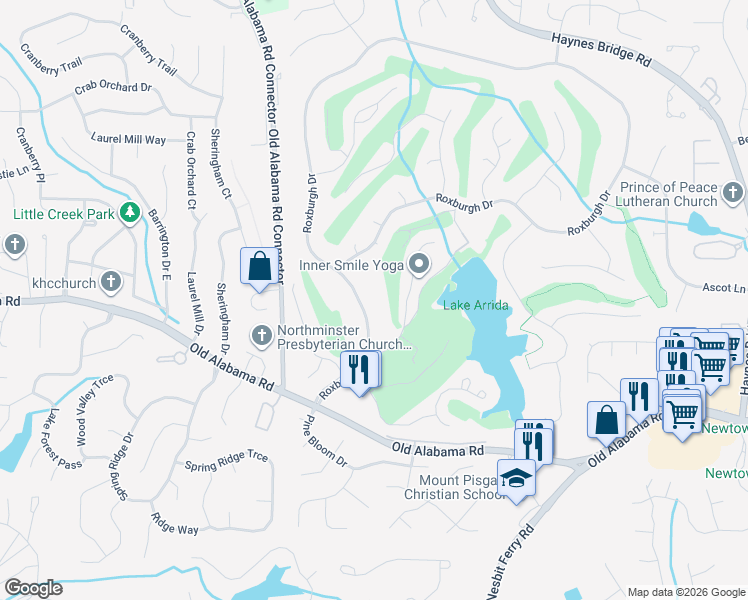 map of restaurants, bars, coffee shops, grocery stores, and more near 2310 Roxburgh Drive in Roswell