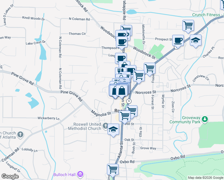 map of restaurants, bars, coffee shops, grocery stores, and more near 370 Green Oak Drive in Roswell