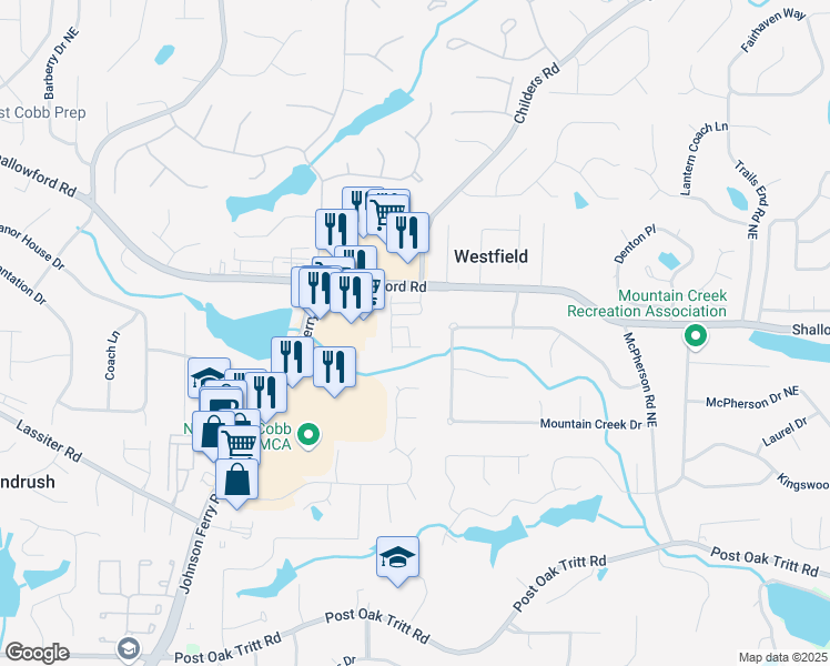 map of restaurants, bars, coffee shops, grocery stores, and more near 3154 Havencroft Drive Northeast in Roswell