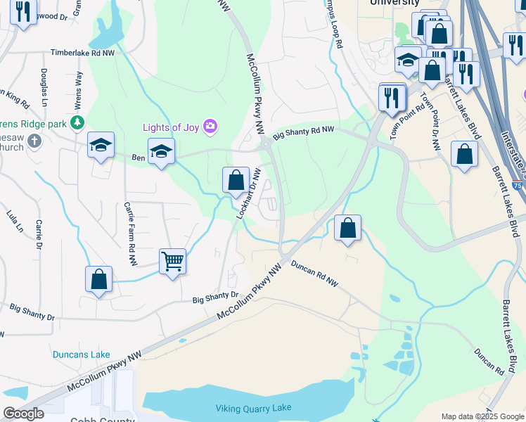 map of restaurants, bars, coffee shops, grocery stores, and more near 50 Creekside Drive Northwest in Kennesaw