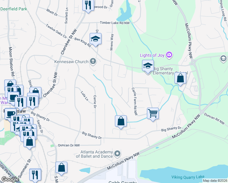 map of restaurants, bars, coffee shops, grocery stores, and more near 1030 Towne Manor Court Northwest in Kennesaw