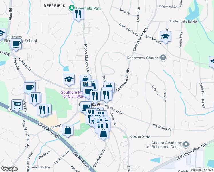 map of restaurants, bars, coffee shops, grocery stores, and more near 2967 Shirley Drive in Kennesaw
